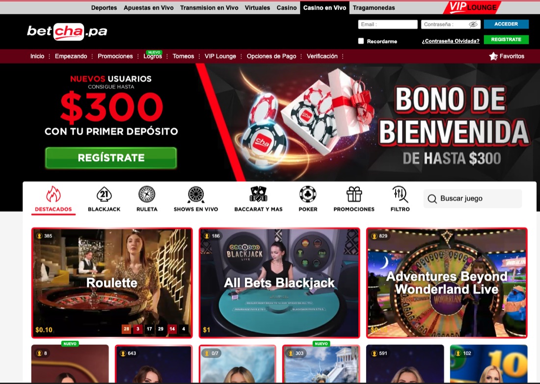 Casino en vivo de Betcha Panamá con ruleta desde 10 centavos, All Bets Blackjack y Adventures Beyond Wonderland