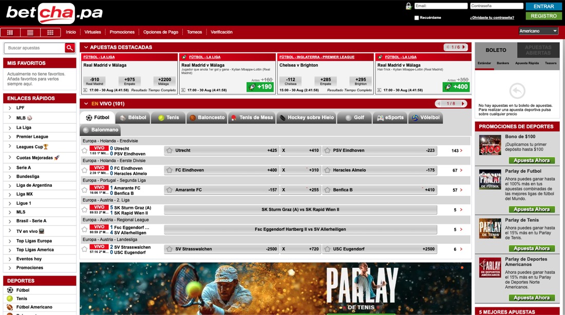 Sportsbook de Betcha Panamá con más de 100 eventos en vivo, cuotas mejoradas y promociones de parlay