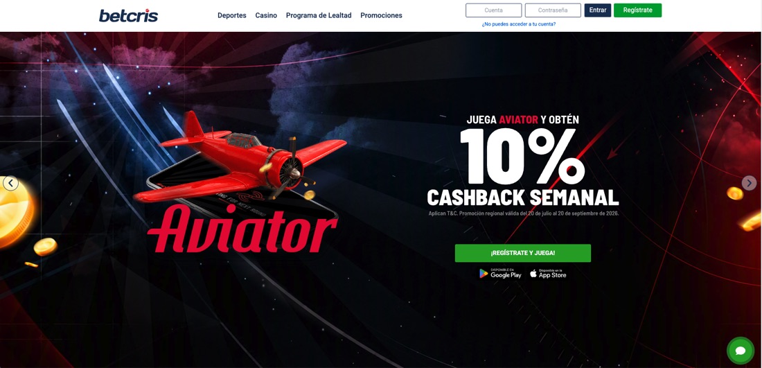 Promoción de Aviator en Betcris Panamá con 10% de cashback semanal y apps para iOS y Android