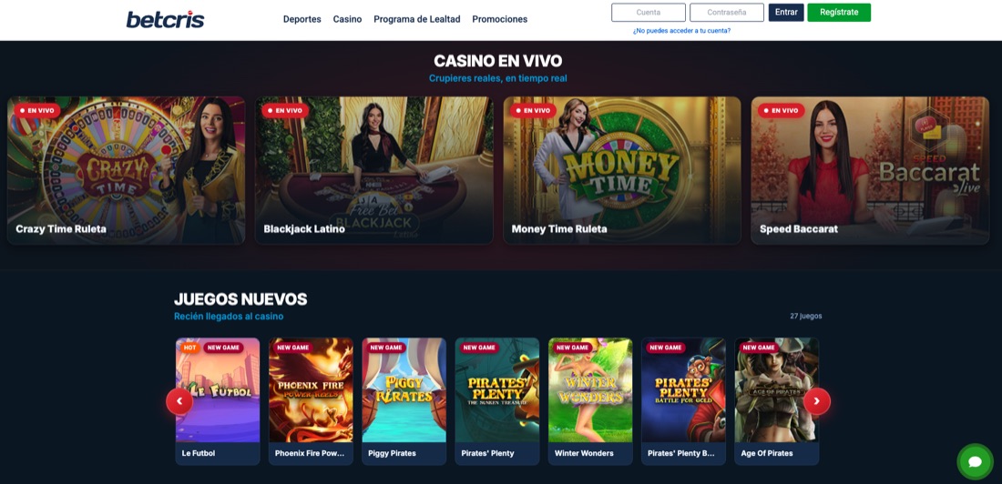 Casino en vivo de Betcris Panamá con Crazy Time, Blackjack Latino, Money Time y Speed Baccarat