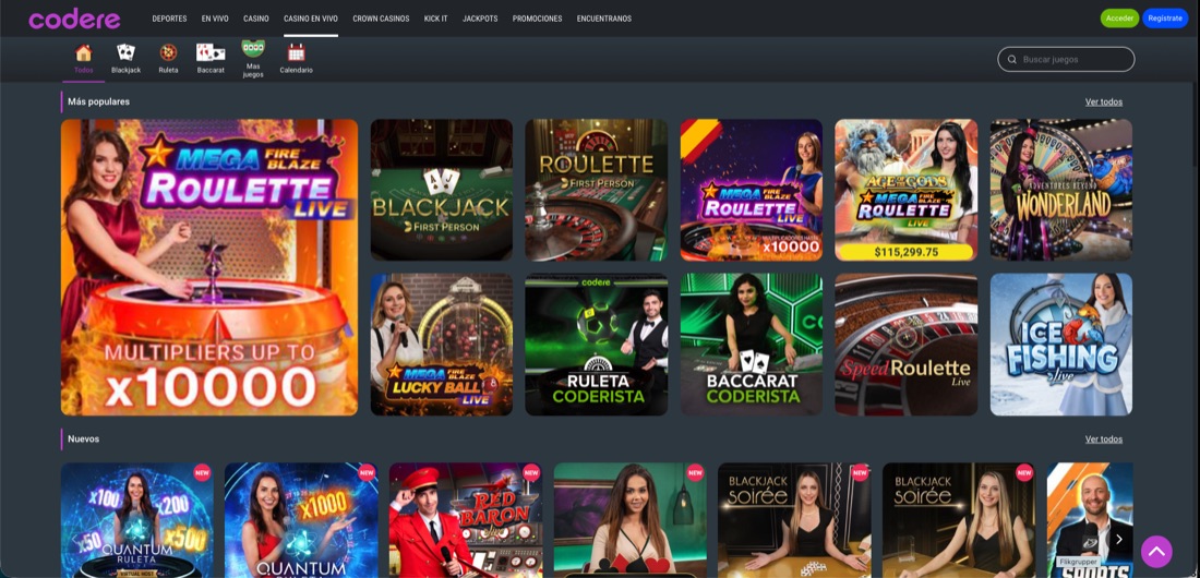 Casino en vivo de Codere Panamá con la Ruleta Coderista, el Baccarat Coderista y Mega Fire Blaze Roulette