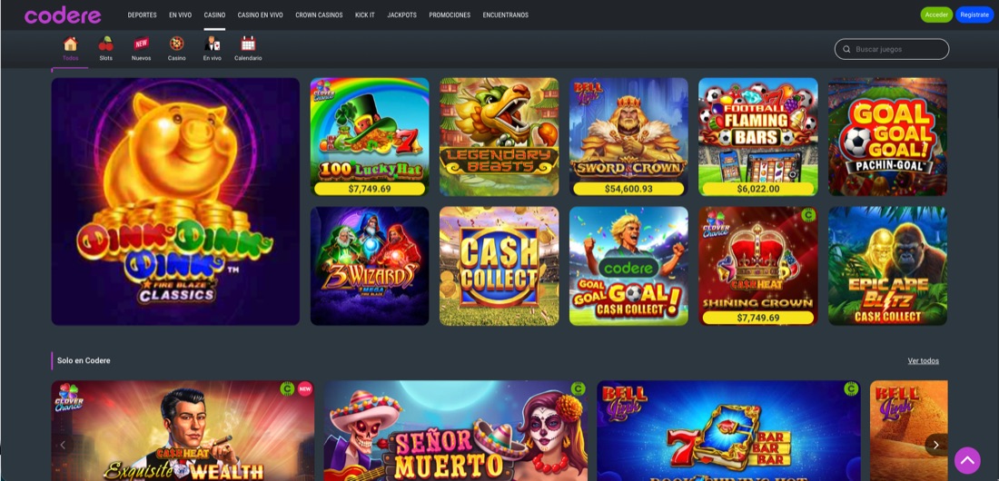 Lobby del casino online de Codere Panamá con tragamonedas de jackpot y la sección de juegos exclusivos Solo en Codere