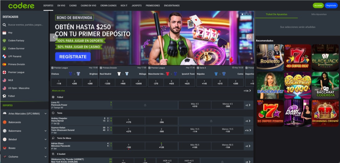 Sportsbook de Codere Panamá con apuestas en vivo de fútbol, tenis y e-basket junto al ticket de apuestas