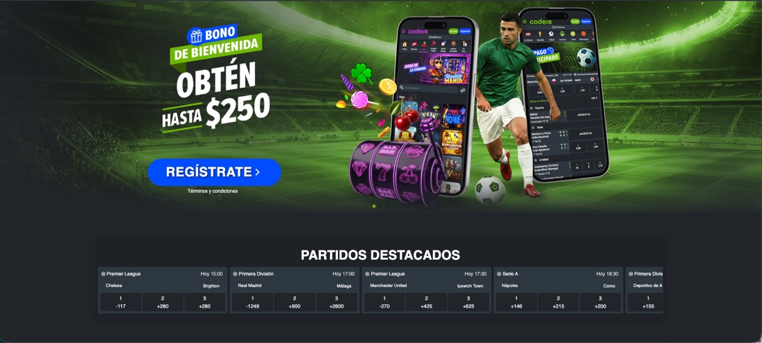 Portada de Codere Panamá con el bono de bienvenida de hasta 250 dólares y los partidos destacados del día