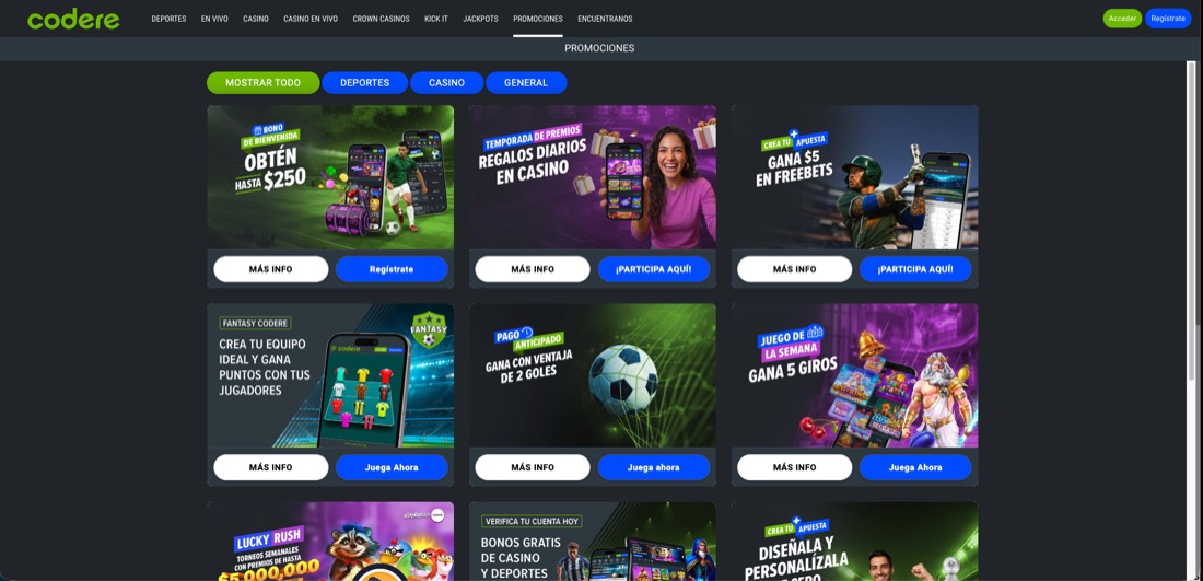 Página de promociones de Codere Panamá con regalos diarios de casino, freebets y el torneo Lucky Rush