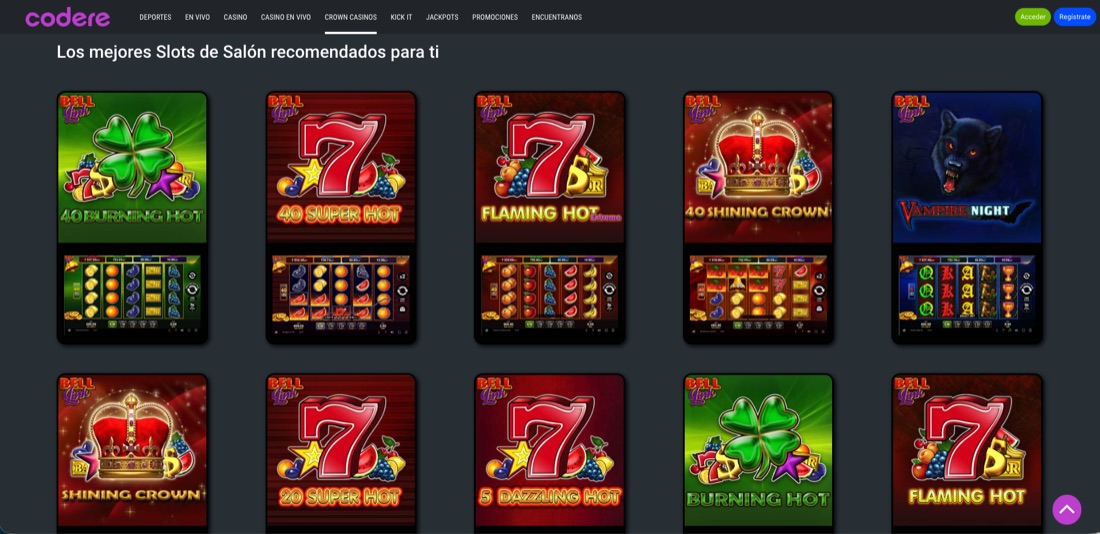Sección CrowN Casinos de Codere Panamá con los slots de salón Bell Link como 40 Super Hot y Shining Crown