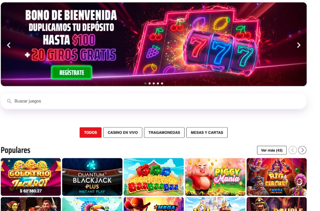 Bono de bienvenida del casino de Sportium Panamá: duplica tu depósito hasta 100 dólares más 20 giros gratis