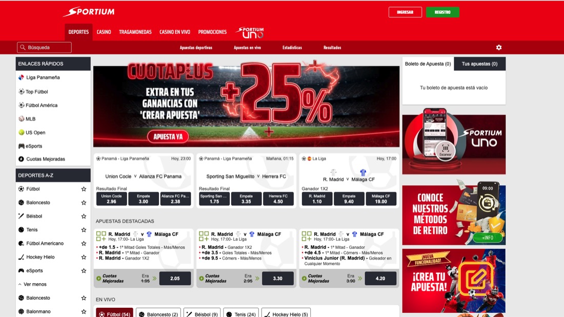 Sportsbook de Sportium Panamá con la Liga Panameña, el boost Cuotaplus del 25% y cuotas mejoradas