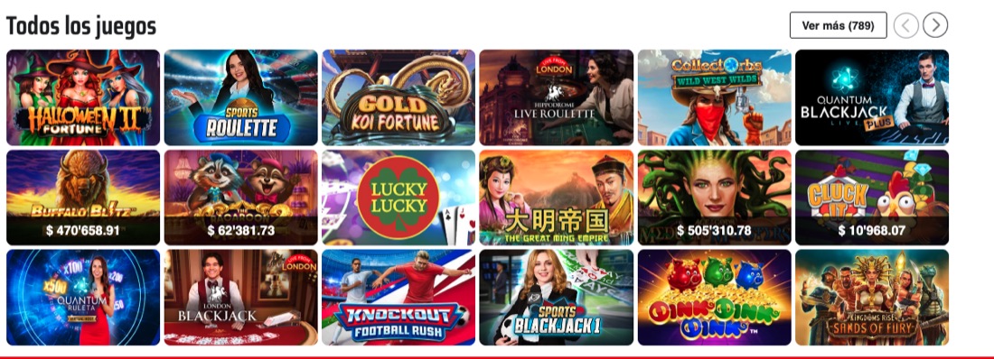 Catálogo de 789 juegos del casino de Sportium Panamá con jackpots progresivos de Playtech