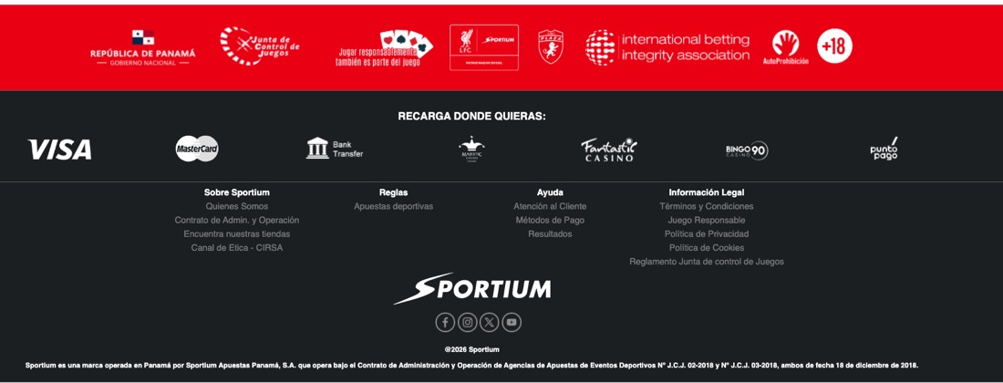 Métodos de recarga de Sportium Panamá: Visa, Mastercard, transferencia, Punto Pago y casinos Majestic, Fantastic y Bingo 90